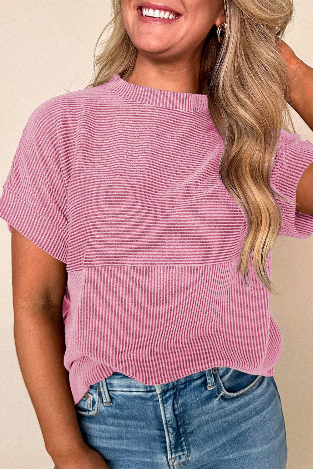 Bright Pink Plain Corded Knit Mock Neck T Shirt