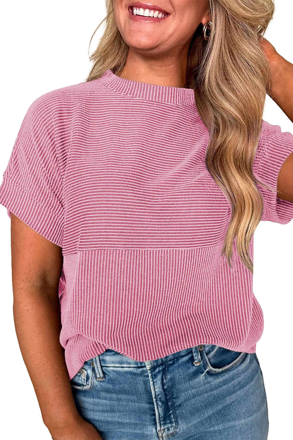 Bright Pink Plain Corded Knit Mock Neck T Shirt
