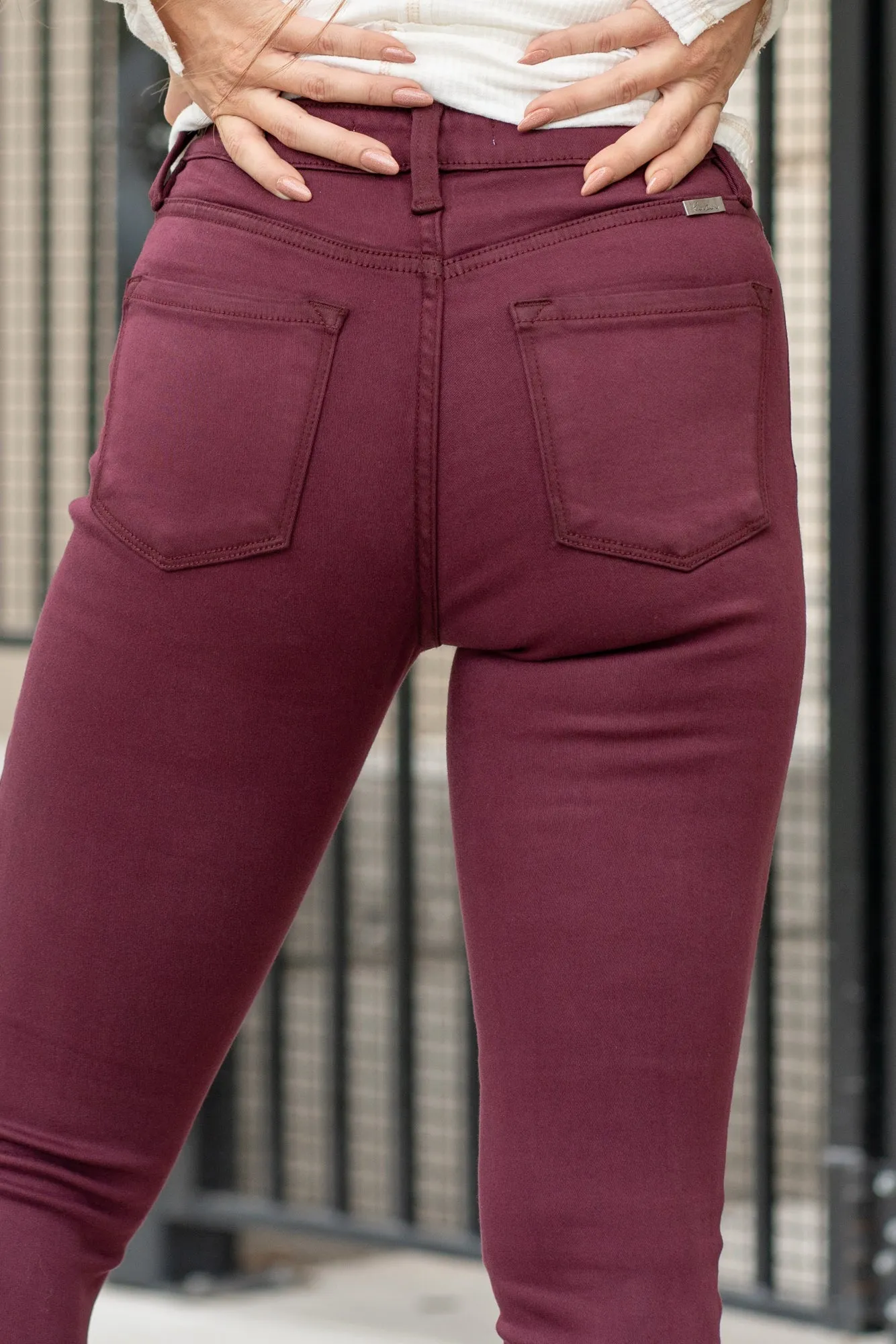 Burgundy High Rise Button Fly Super Skinny