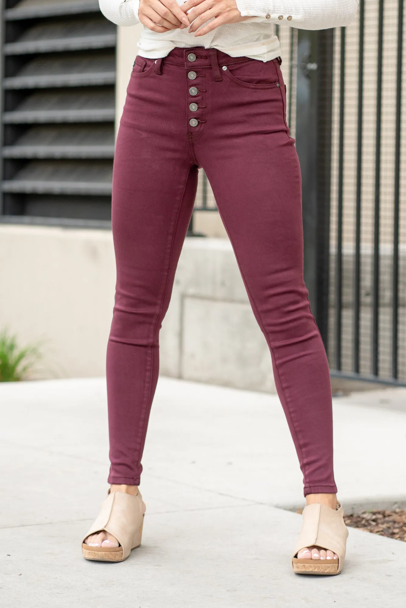 Burgundy High Rise Button Fly Super Skinny