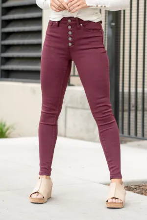Burgundy High Rise Button Fly Super Skinny