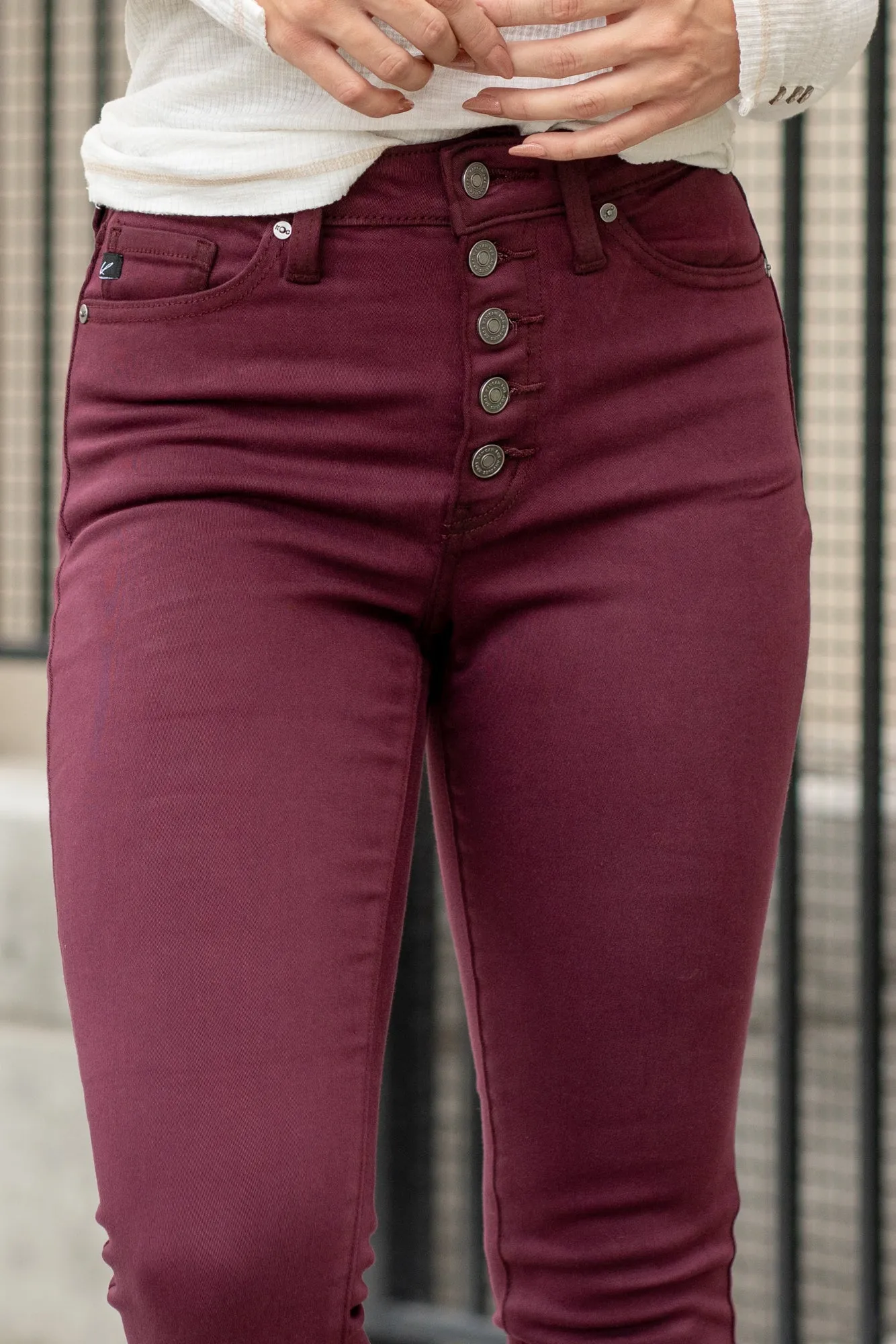 Burgundy High Rise Button Fly Super Skinny