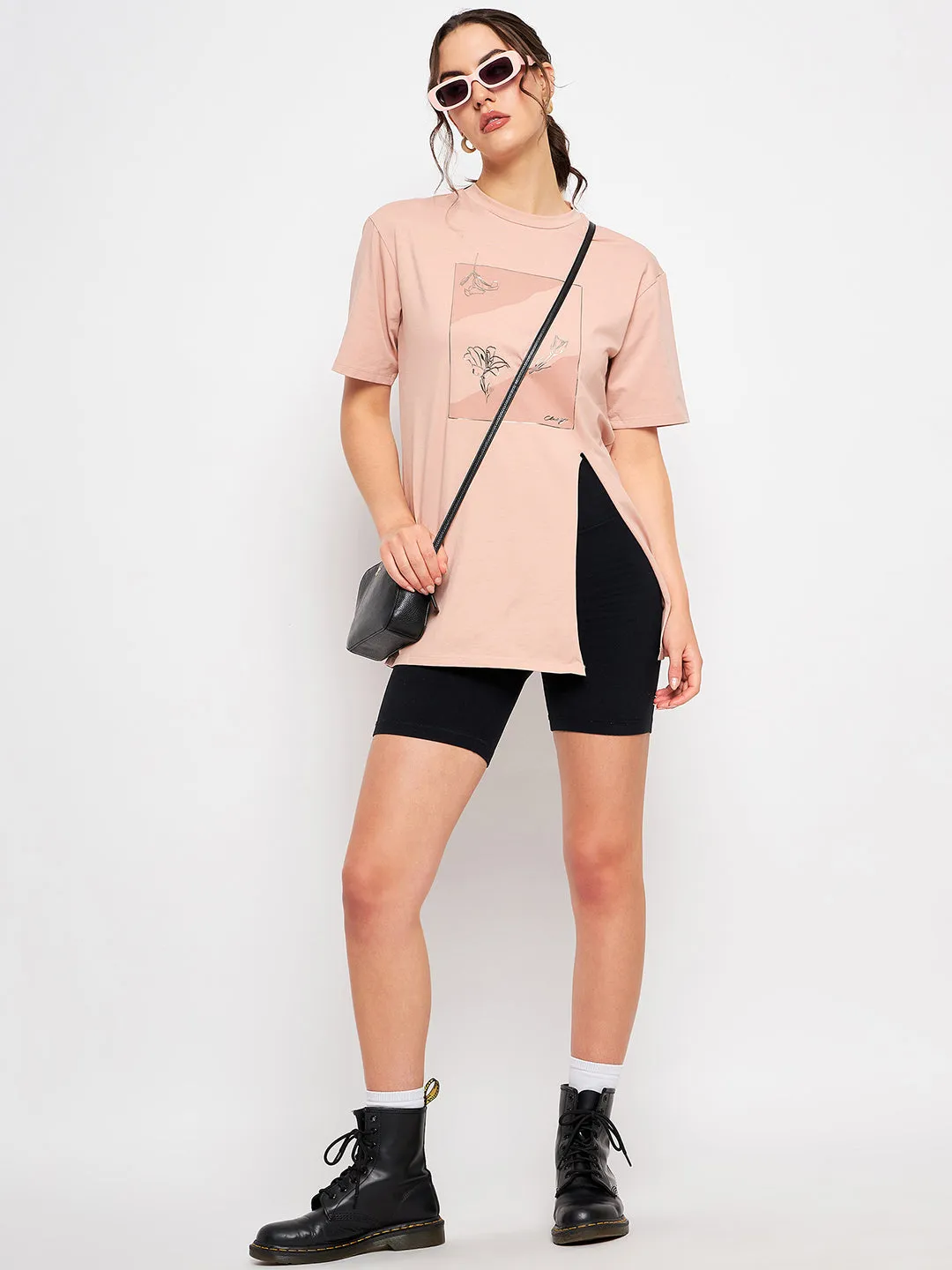 Camla Barcelona Graphic Print Dusty Pink Slit T-Shirt