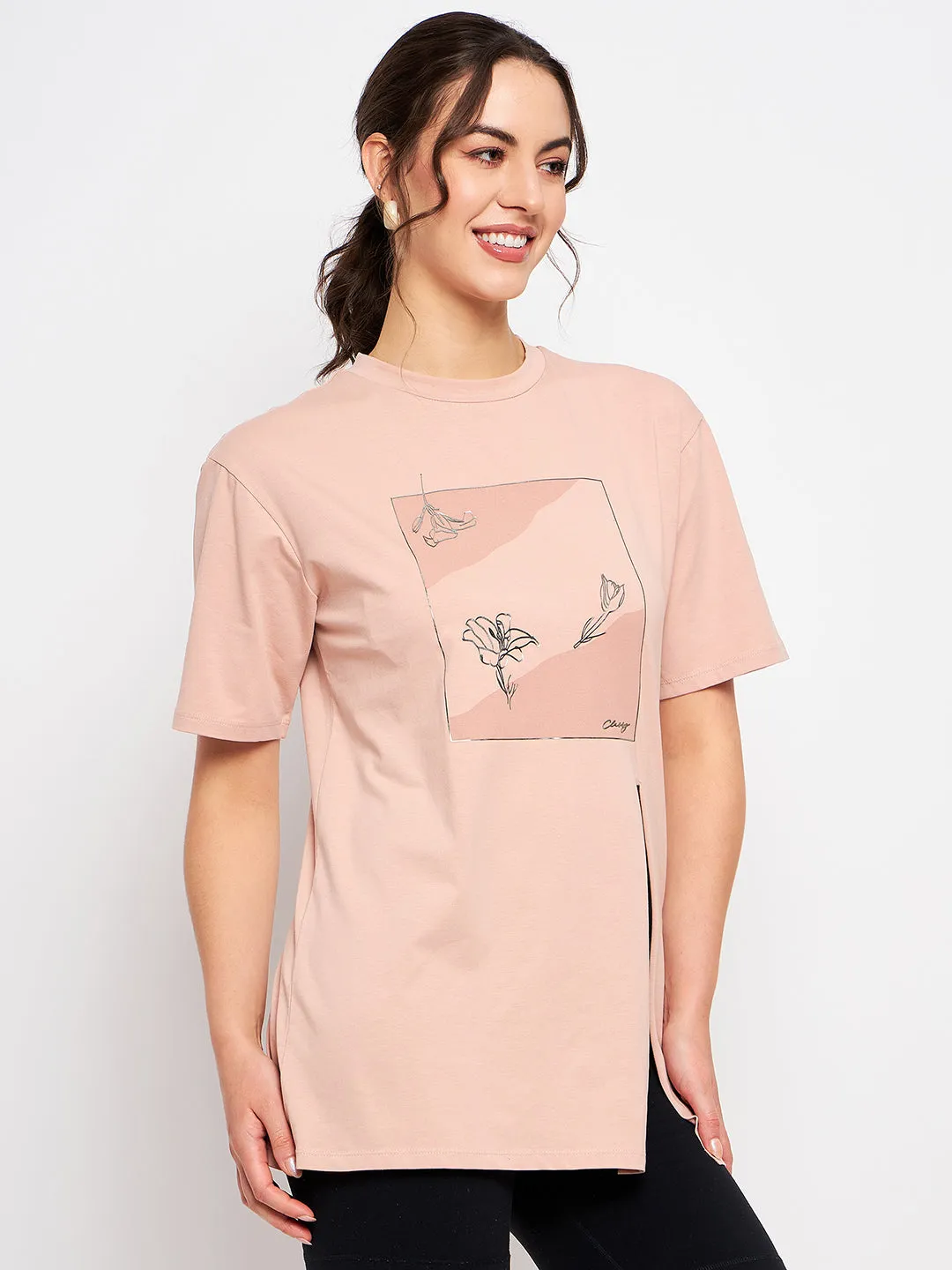Camla Barcelona Graphic Print Dusty Pink Slit T-Shirt