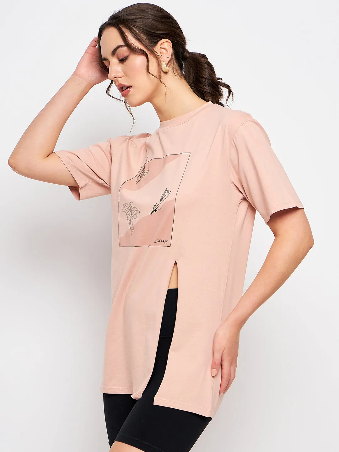 Camla Barcelona Graphic Print Dusty Pink Slit T-Shirt