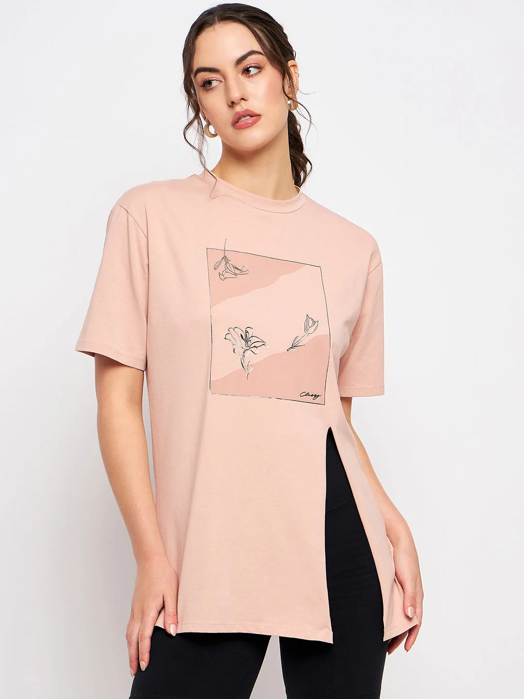 Camla Barcelona Graphic Print Dusty Pink Slit T-Shirt