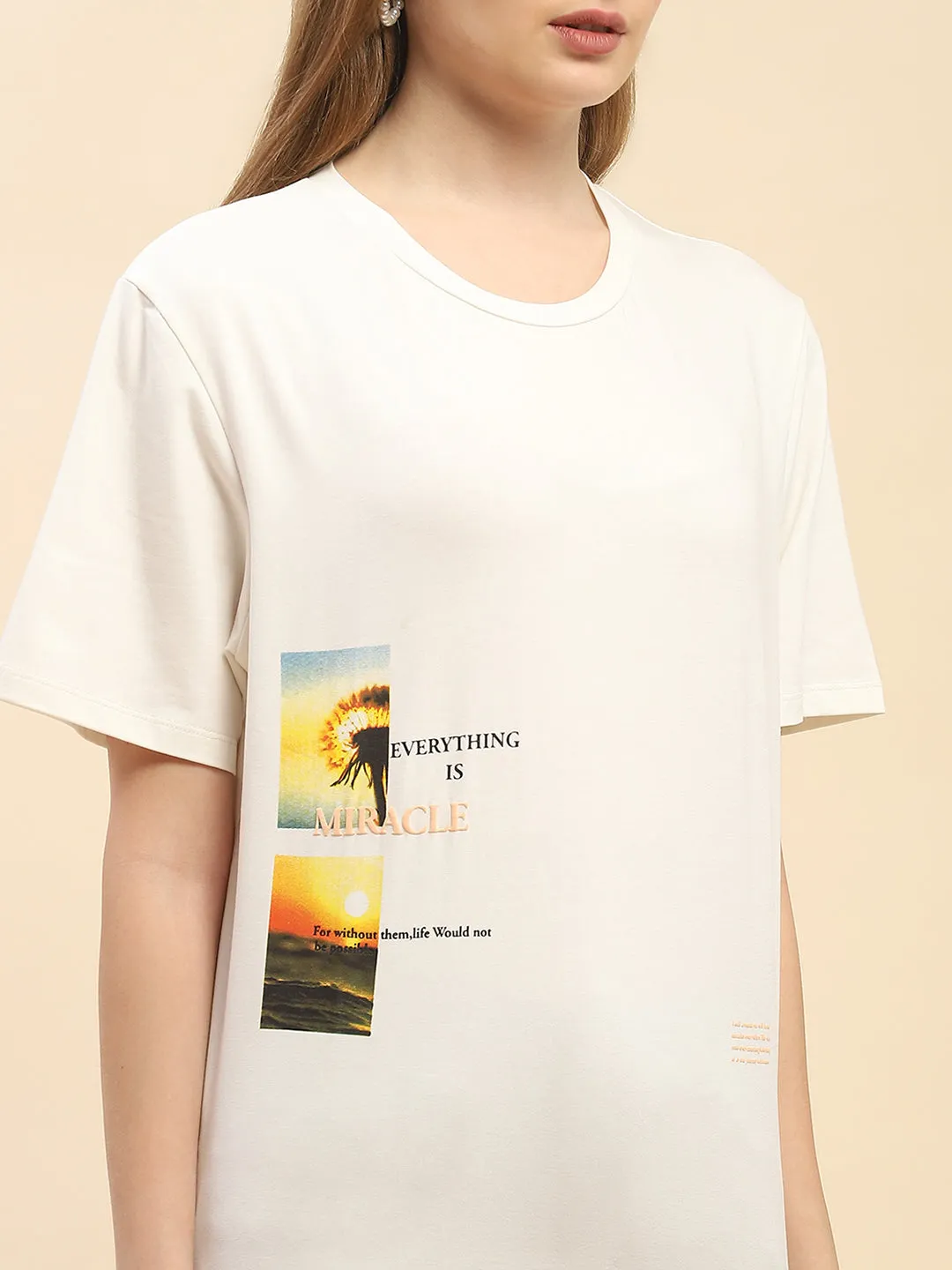 Camla Barcelona Graphic Printed Lilac Round Neck T-Shirt