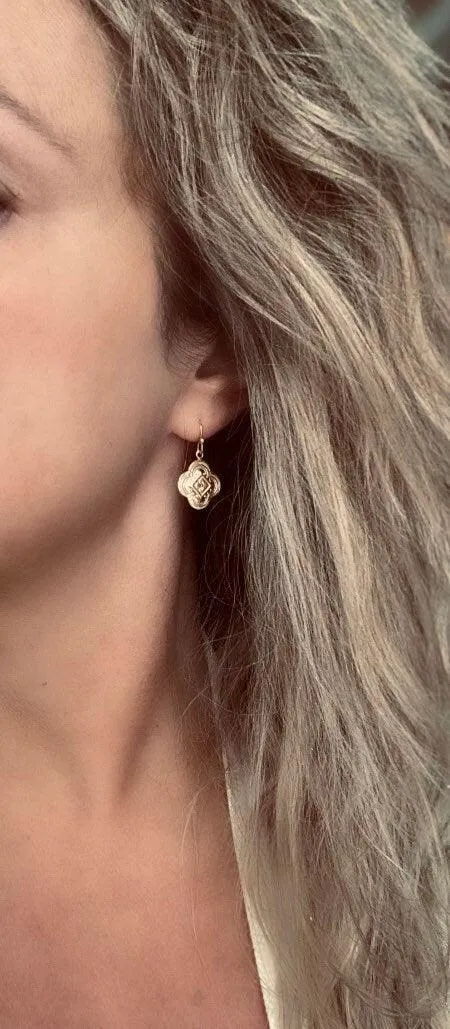 Clover Earring - sweet little gold stamped 4 leaf/lobe Irish charm on small plain ear hook - raised design w/ boho ornate detail