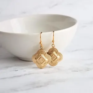 Clover Earring - sweet little gold stamped 4 leaf/lobe Irish charm on small plain ear hook - raised design w/ boho ornate detail