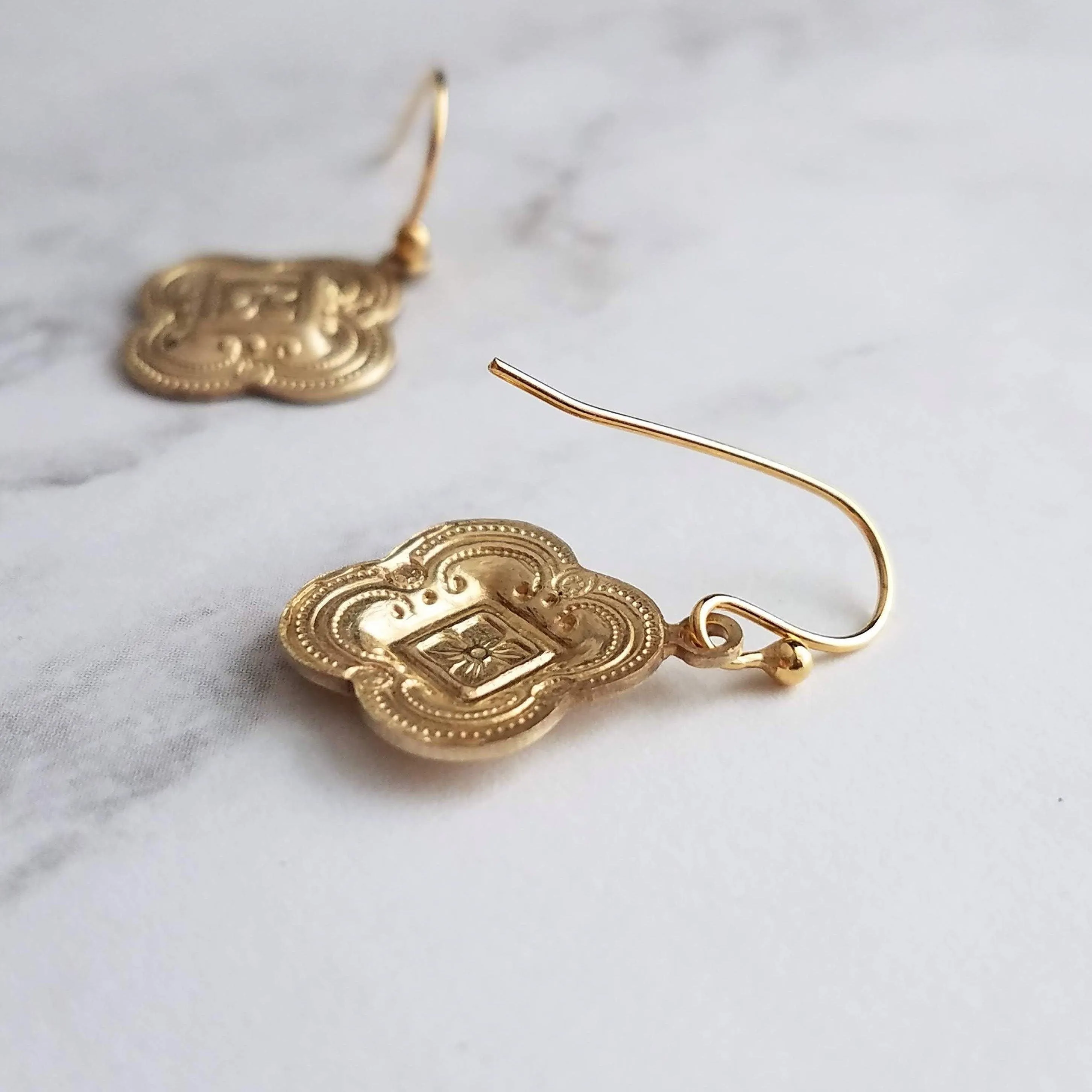 Clover Earring - sweet little gold stamped 4 leaf/lobe Irish charm on small plain ear hook - raised design w/ boho ornate detail