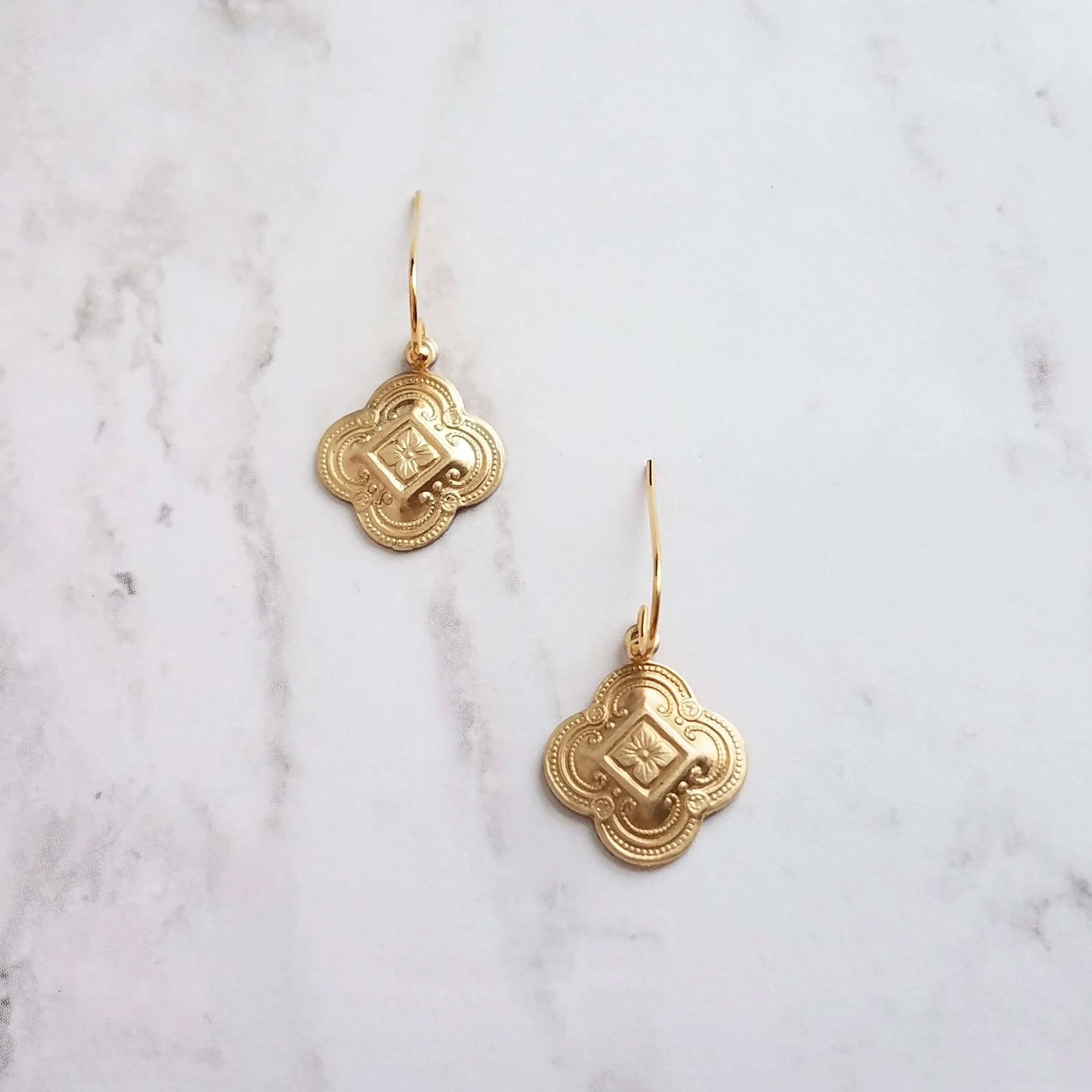 Clover Earring - sweet little gold stamped 4 leaf/lobe Irish charm on small plain ear hook - raised design w/ boho ornate detail
