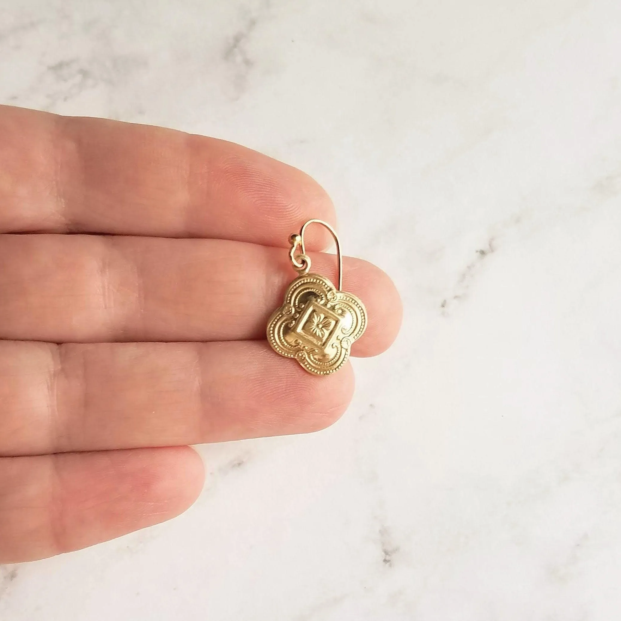 Clover Earring - sweet little gold stamped 4 leaf/lobe Irish charm on small plain ear hook - raised design w/ boho ornate detail