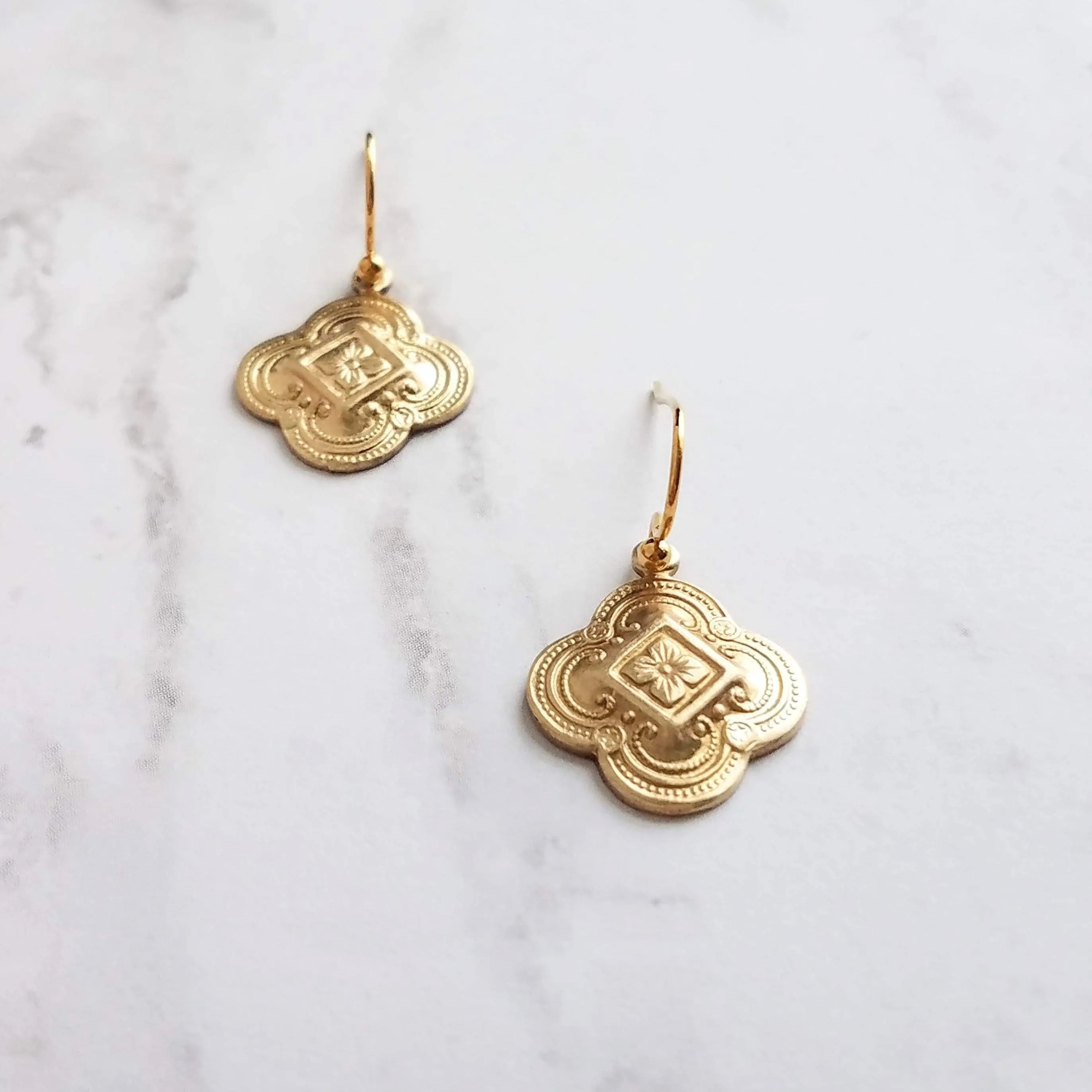 Clover Earring - sweet little gold stamped 4 leaf/lobe Irish charm on small plain ear hook - raised design w/ boho ornate detail