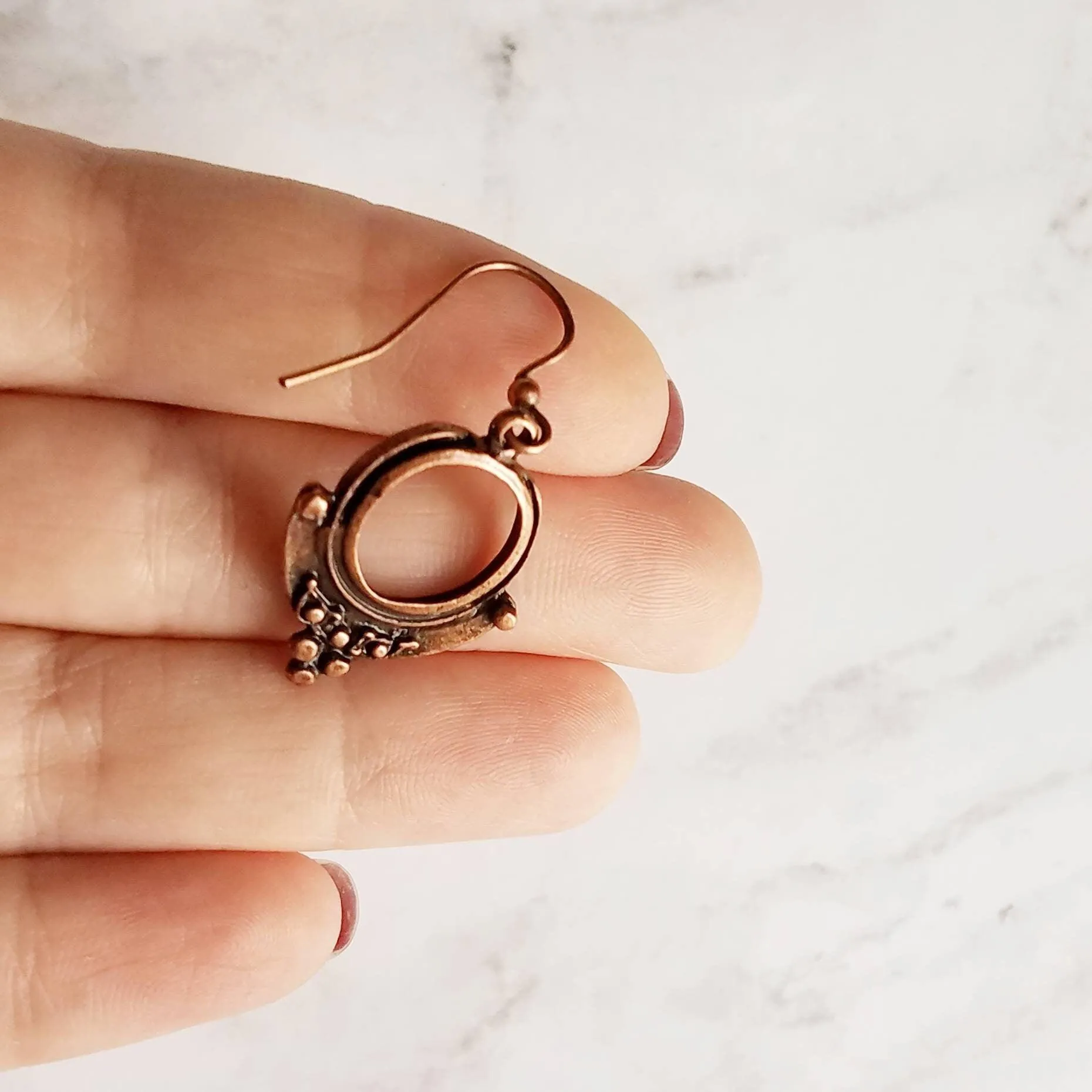Copper Circle Earrings, small copper dangles, round copper ball accents, antique copper earring, rust brown, oxidized hoop earrings