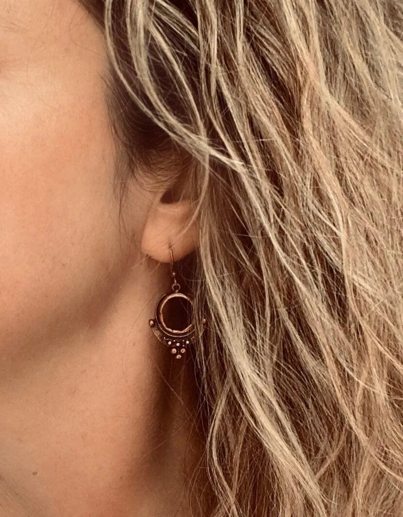 Copper Circle Earrings, small copper dangles, round copper ball accents, antique copper earring, rust brown, oxidized hoop earrings