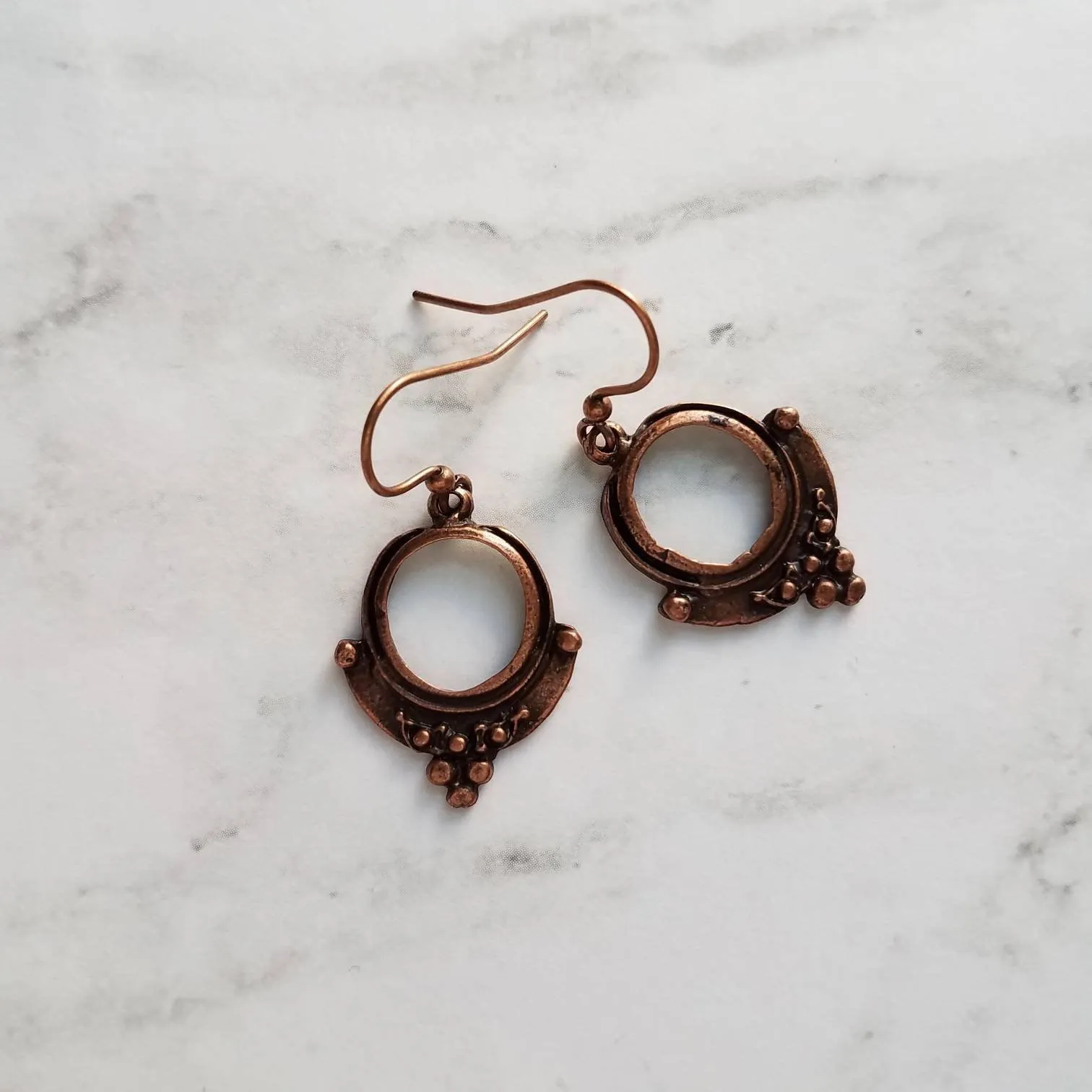 Copper Circle Earrings, small copper dangles, round copper ball accents, antique copper earring, rust brown, oxidized hoop earrings