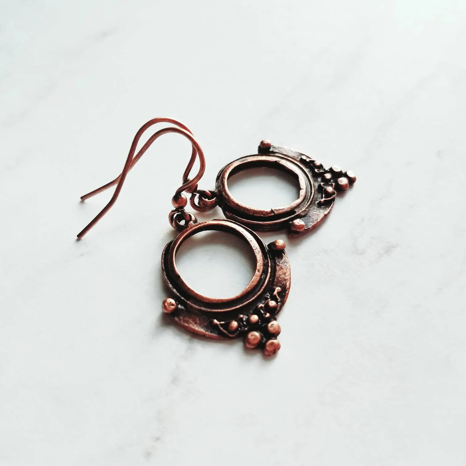 Copper Circle Earrings, small copper dangles, round copper ball accents, antique copper earring, rust brown, oxidized hoop earrings