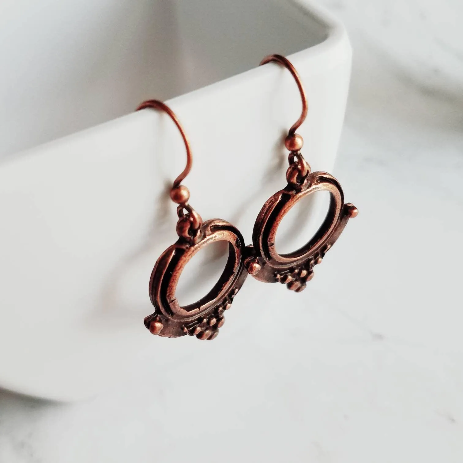 Copper Circle Earrings, small copper dangles, round copper ball accents, antique copper earring, rust brown, oxidized hoop earrings