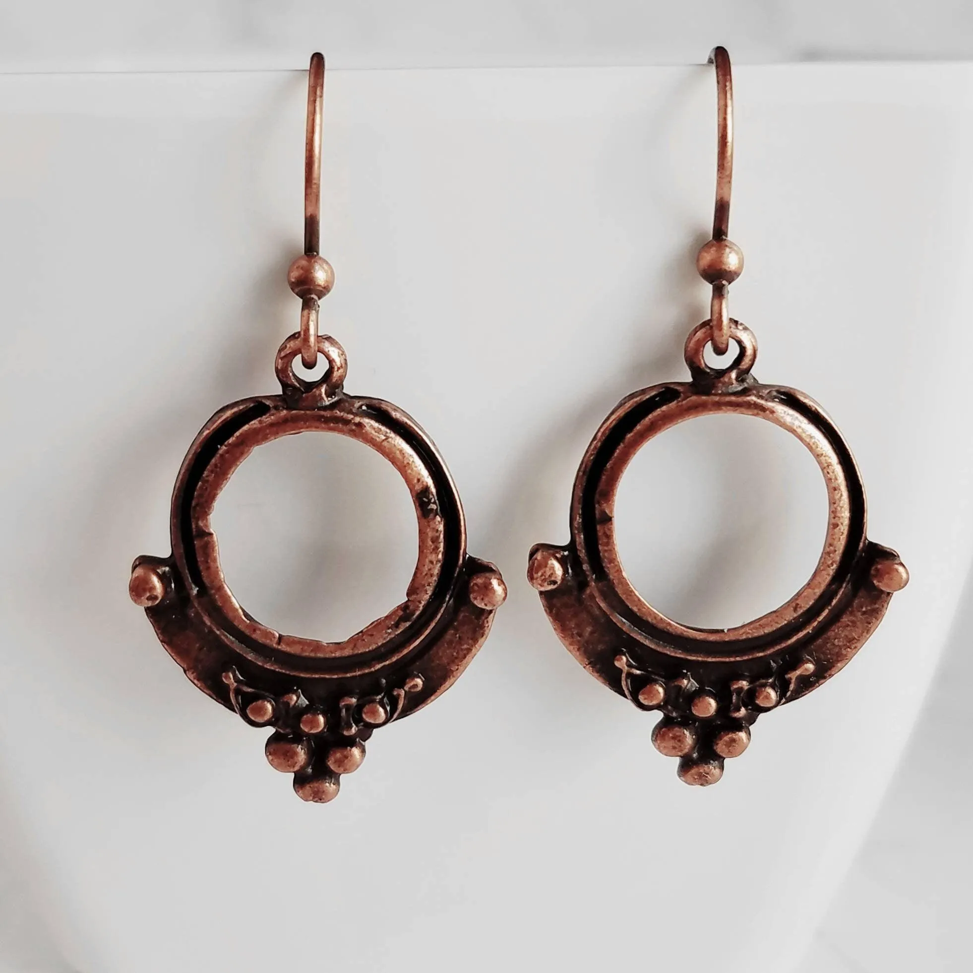 Copper Circle Earrings, small copper dangles, round copper ball accents, antique copper earring, rust brown, oxidized hoop earrings