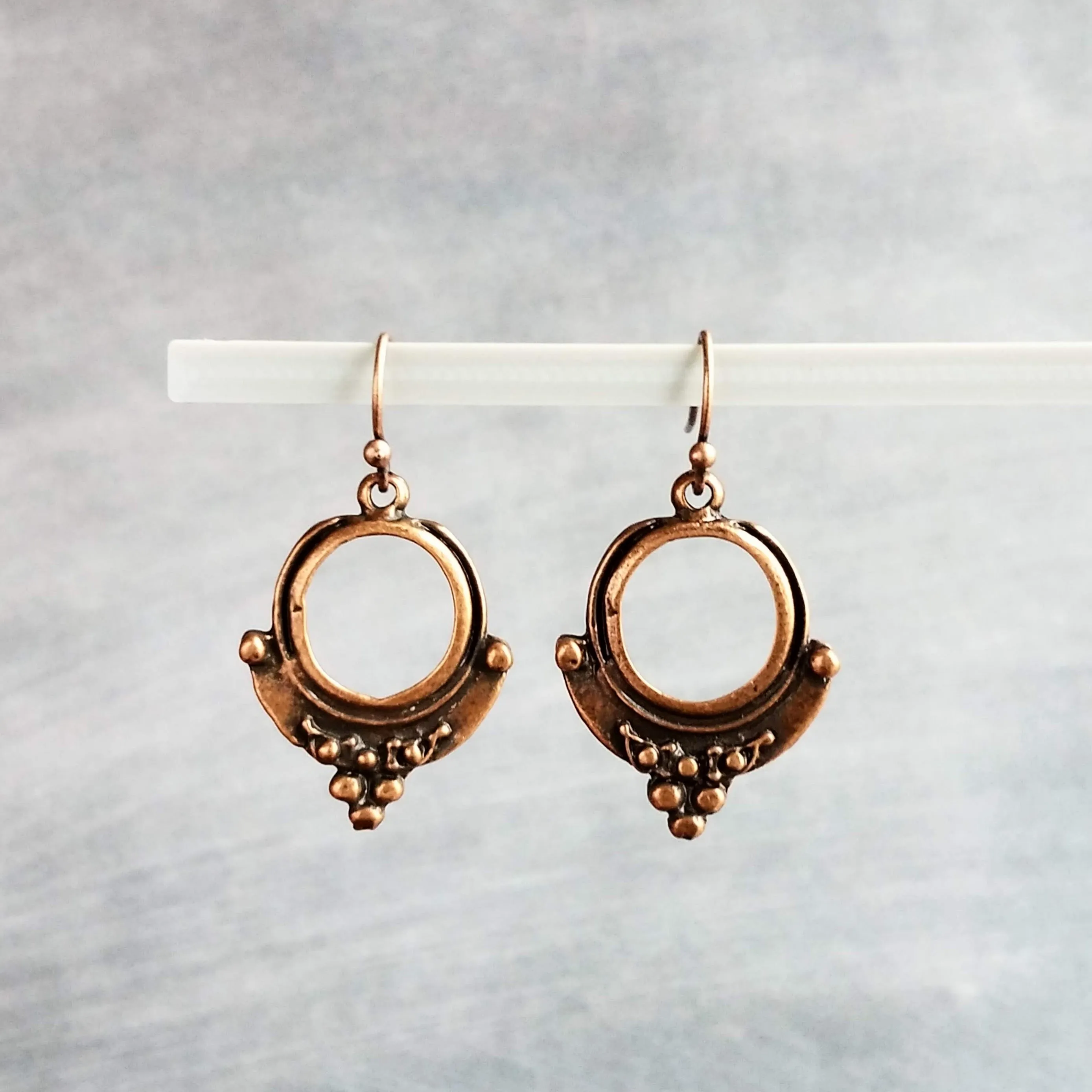 Copper Circle Earrings, small copper dangles, round copper ball accents, antique copper earring, rust brown, oxidized hoop earrings