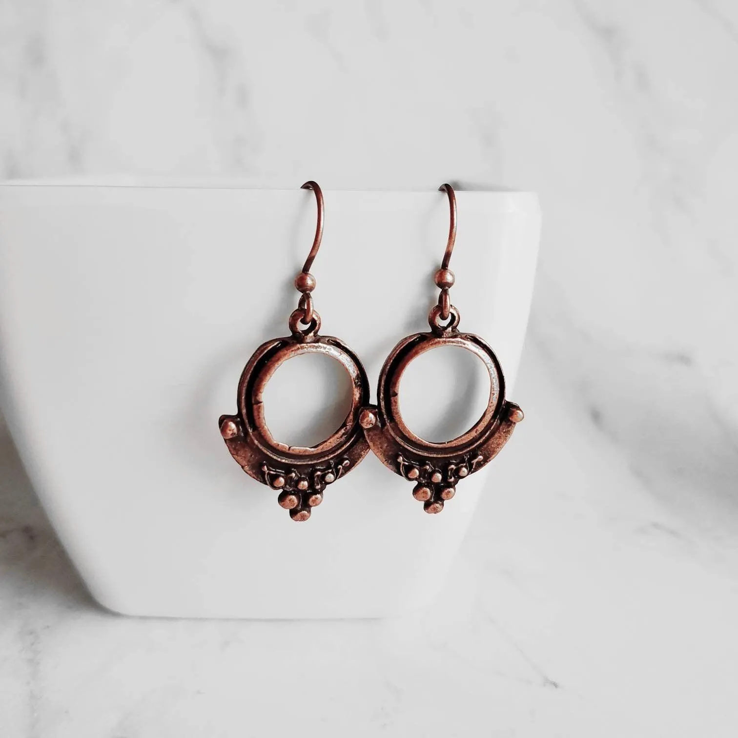 Copper Circle Earrings, small copper dangles, round copper ball accents, antique copper earring, rust brown, oxidized hoop earrings