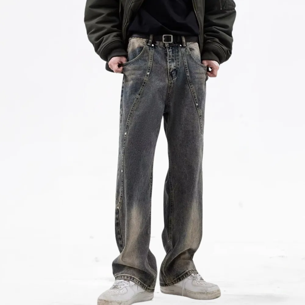 DF| Washed Rivet Letter Patch Jeans