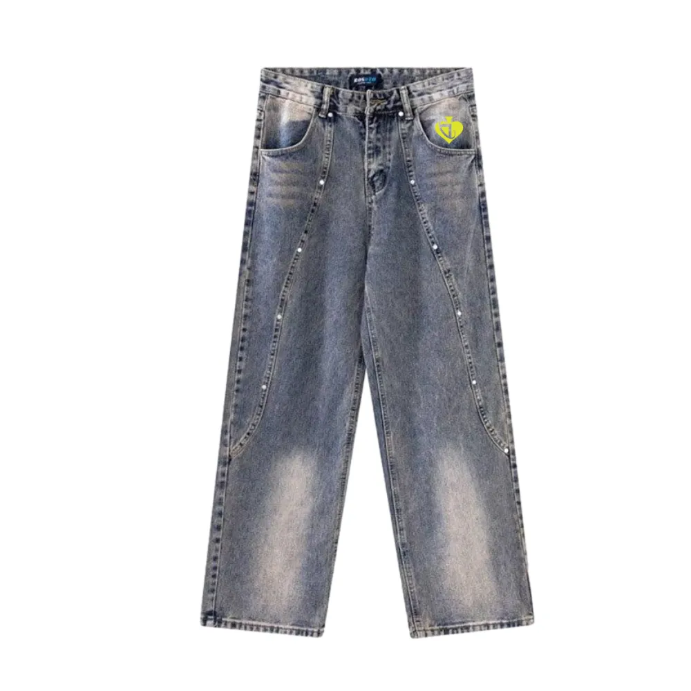 DF| Washed Rivet Letter Patch Jeans