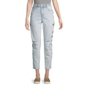 DRIFTWOOD- Gizelle Geometric Embroidered Distressed Light Wash Denim Jeans