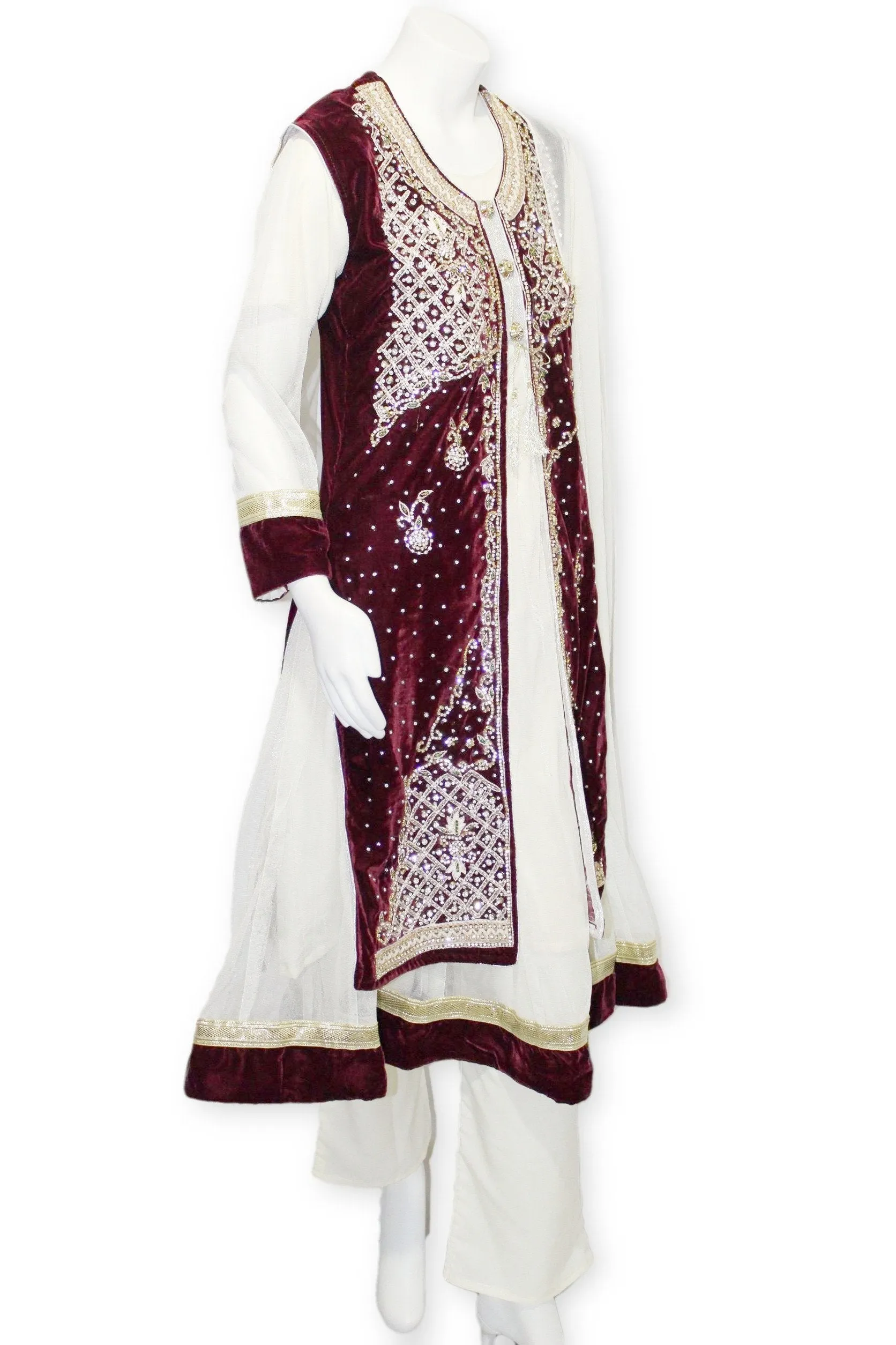 E25 Maroon Velvet Jacket 4 Pcs with Long Shirt Party Wear Pakistan Indian Style