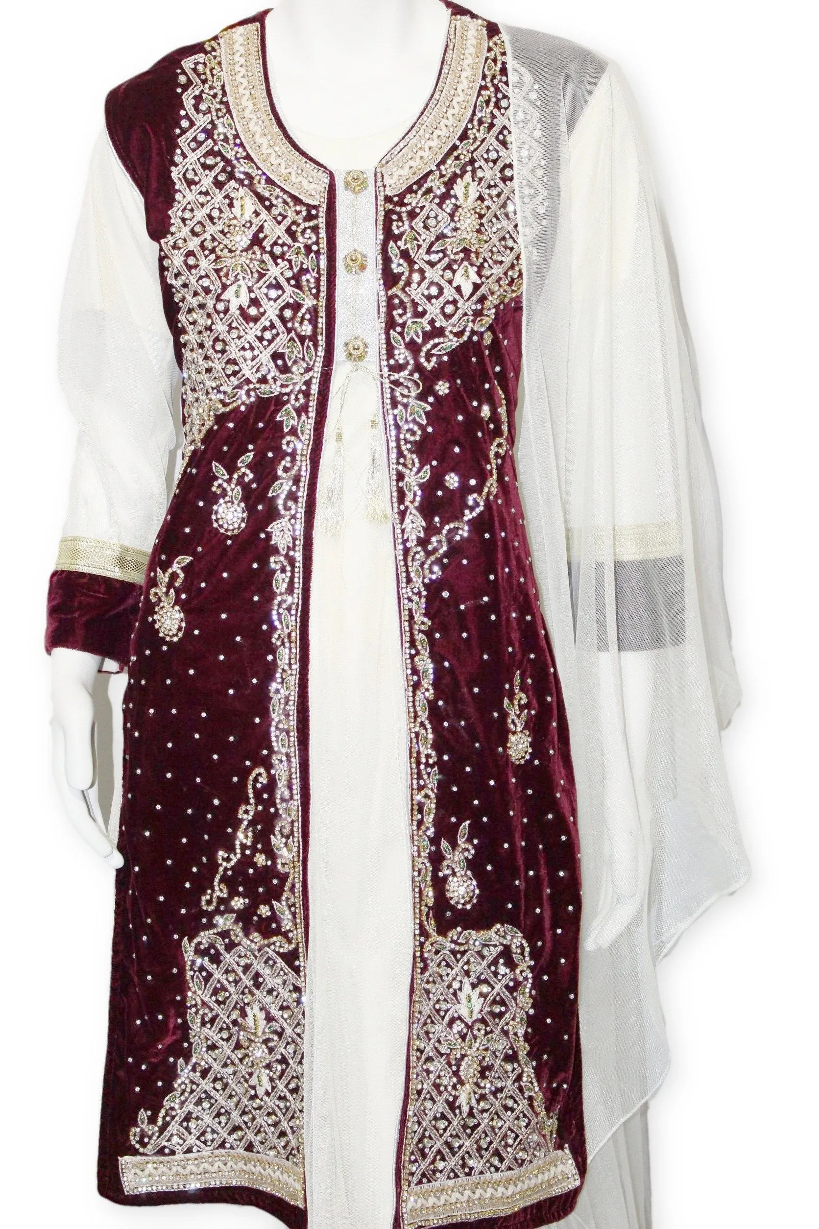 E25 Maroon Velvet Jacket 4 Pcs with Long Shirt Party Wear Pakistan Indian Style