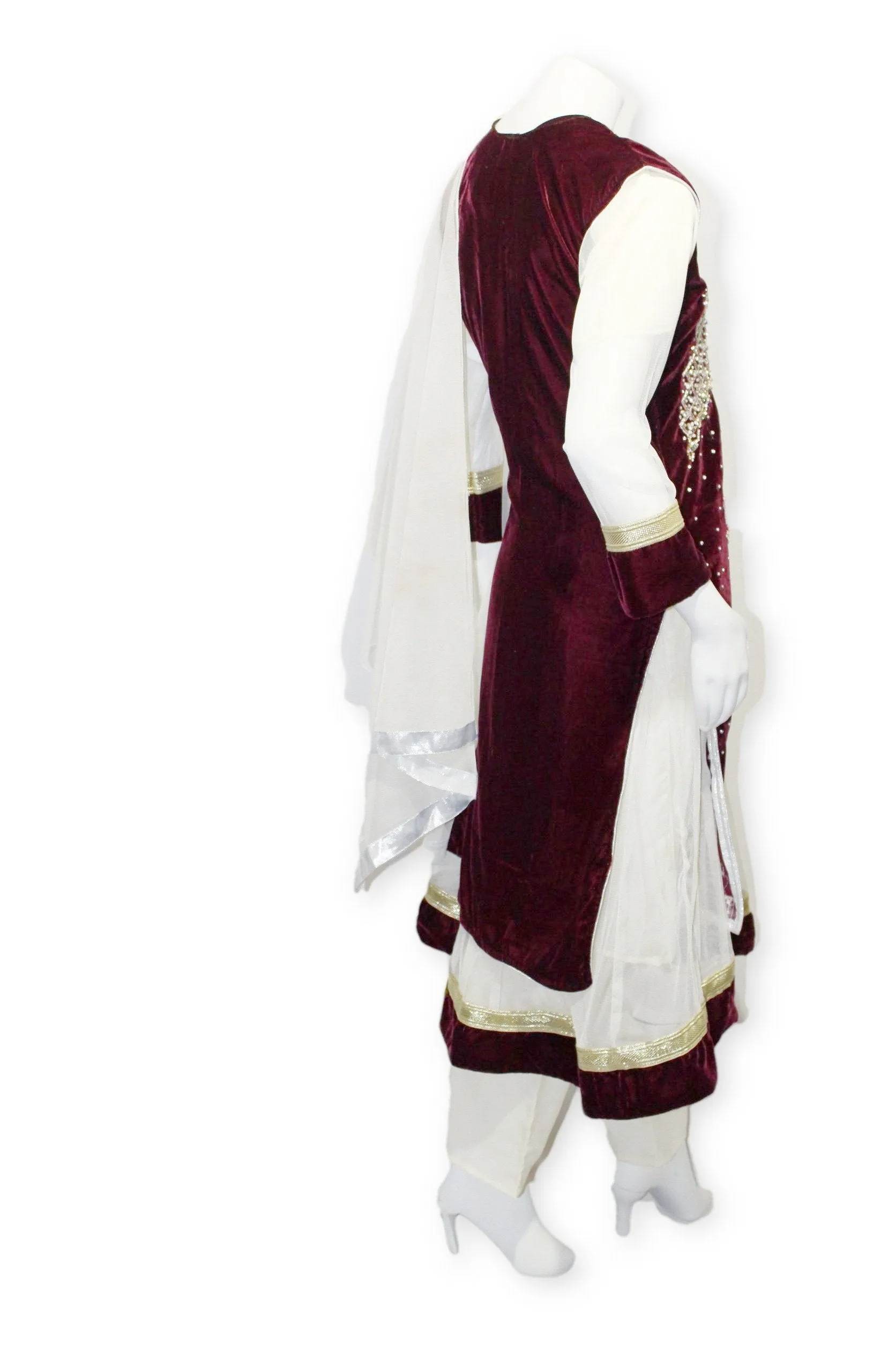 E25 Maroon Velvet Jacket 4 Pcs with Long Shirt Party Wear Pakistan Indian Style