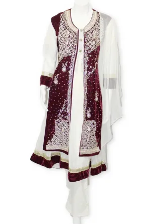 E25 Maroon Velvet Jacket 4 Pcs with Long Shirt Party Wear Pakistan Indian Style