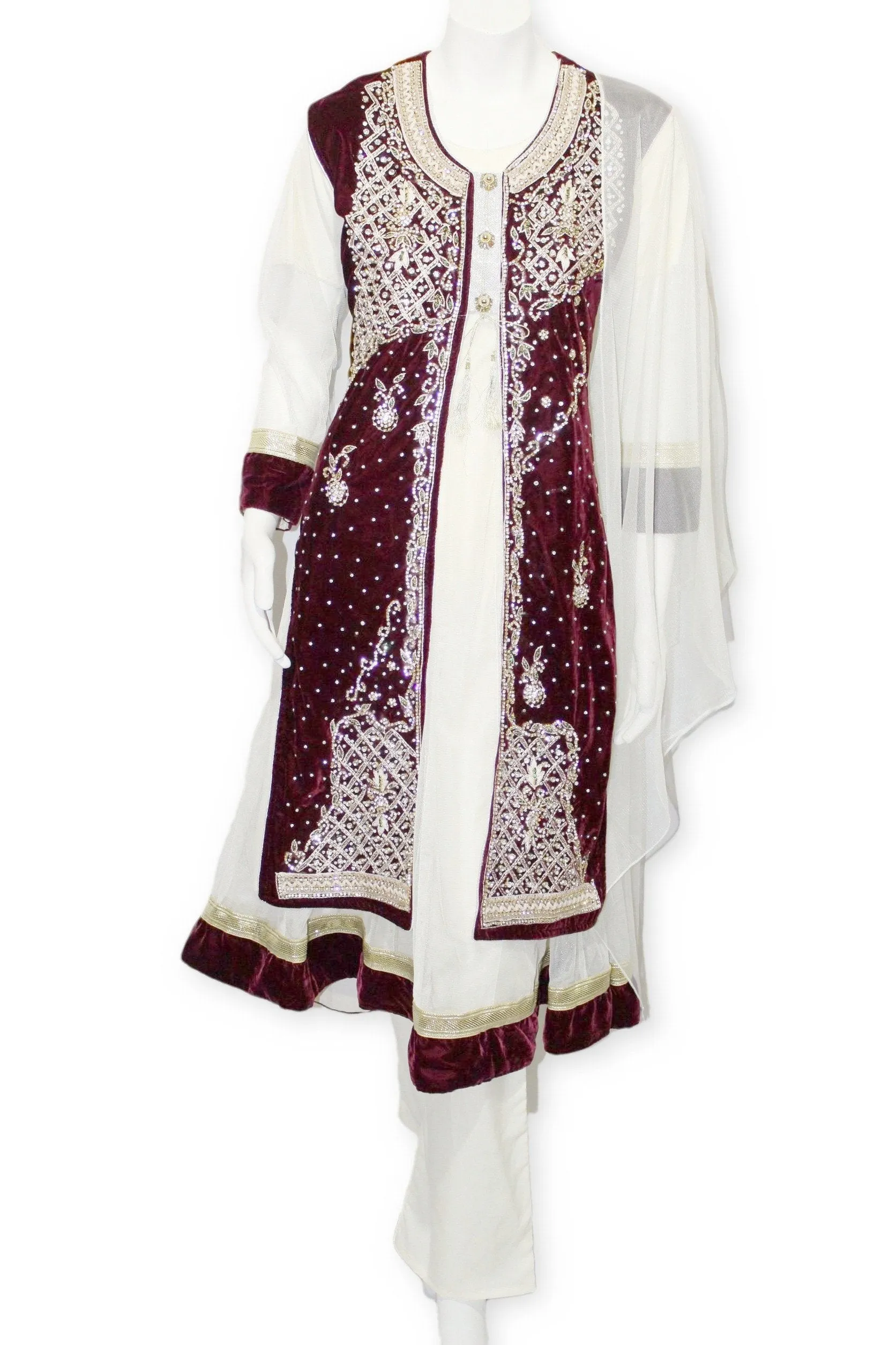 E25 Maroon Velvet Jacket 4 Pcs with Long Shirt Party Wear Pakistan Indian Style