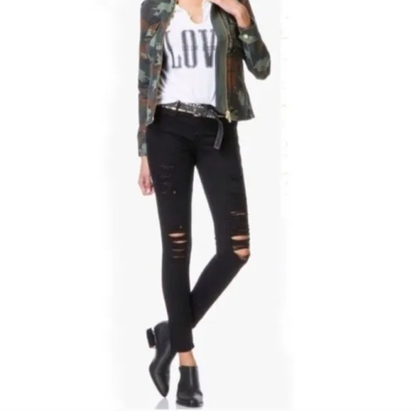 FRAME Le Skinny Jeanne Distressed Shredded Stretchy Skinny Jeans Black sz 25