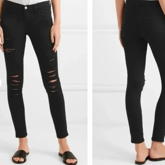 FRAME Le Skinny Jeanne Distressed Shredded Stretchy Skinny Jeans Black sz 25