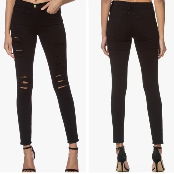 FRAME Le Skinny Jeanne Distressed Shredded Stretchy Skinny Jeans Black sz 25