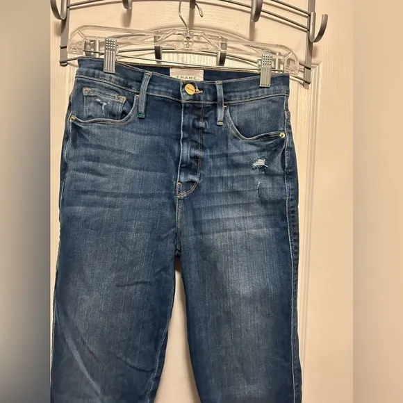 Frame Le Sylvie Slender Straight leg jeans women’s 26 medium wash raw hem denim
