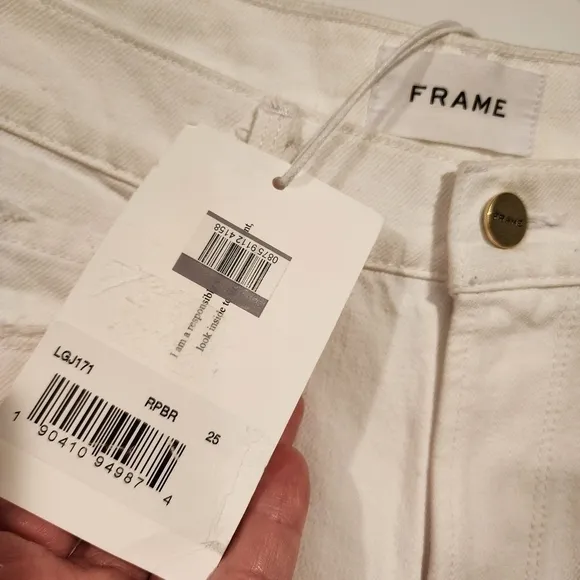 FRAME NWT Le Garcon Rumpled Blanc Rips Mid Rise Denim Jeans White Distressed 25