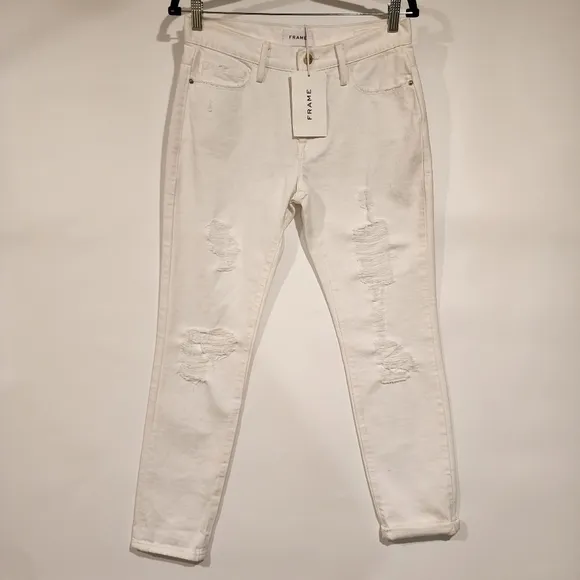 FRAME NWT Le Garcon Rumpled Blanc Rips Mid Rise Denim Jeans White Distressed 25