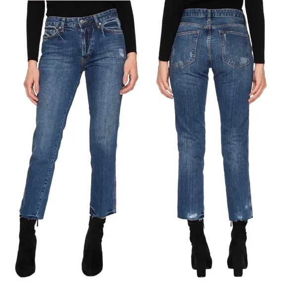 Free People Slim Boyfriend Distressed Raw-Hem Denim Jeans