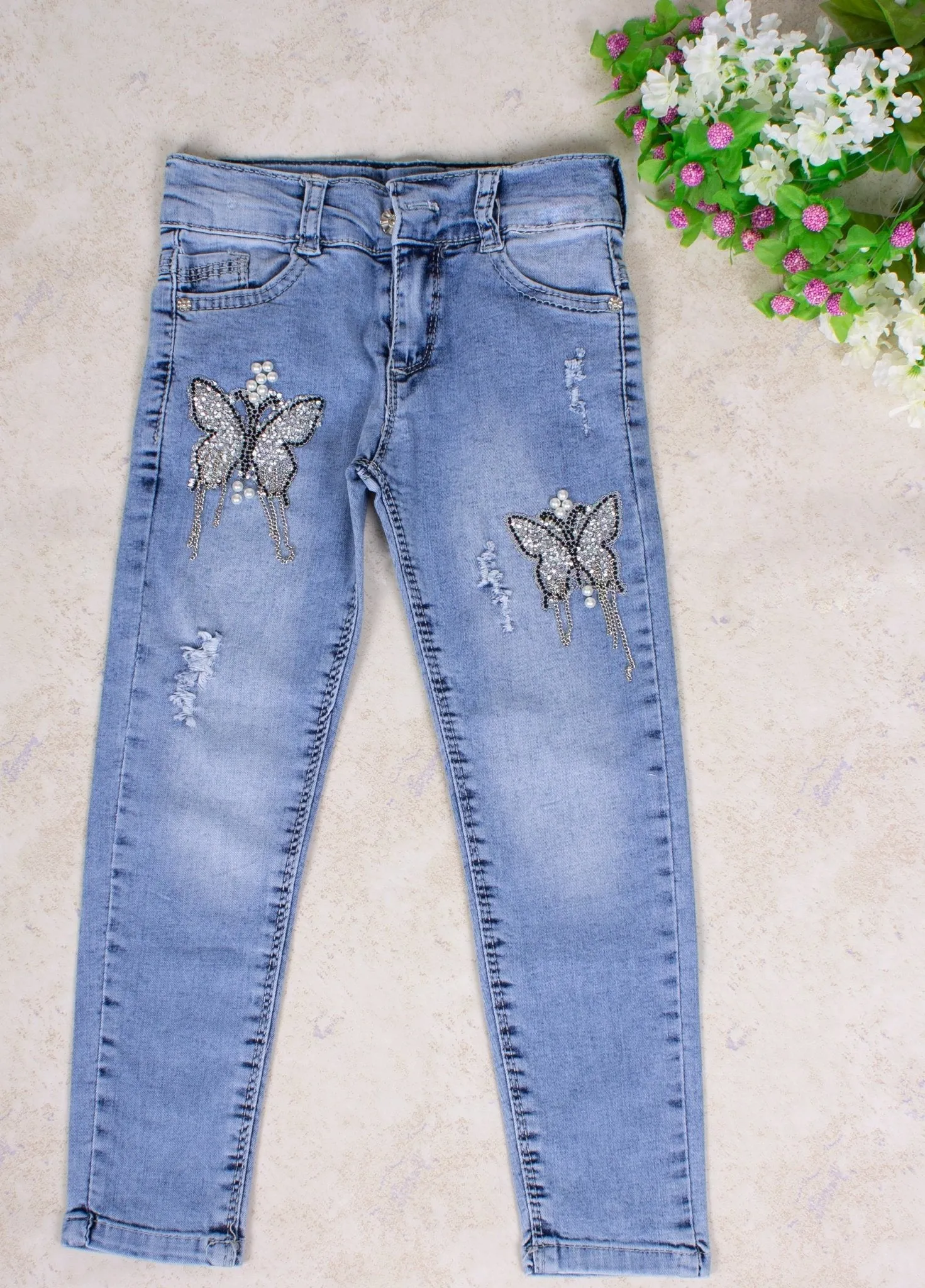 Girls' Blue Butterfly Jeans
