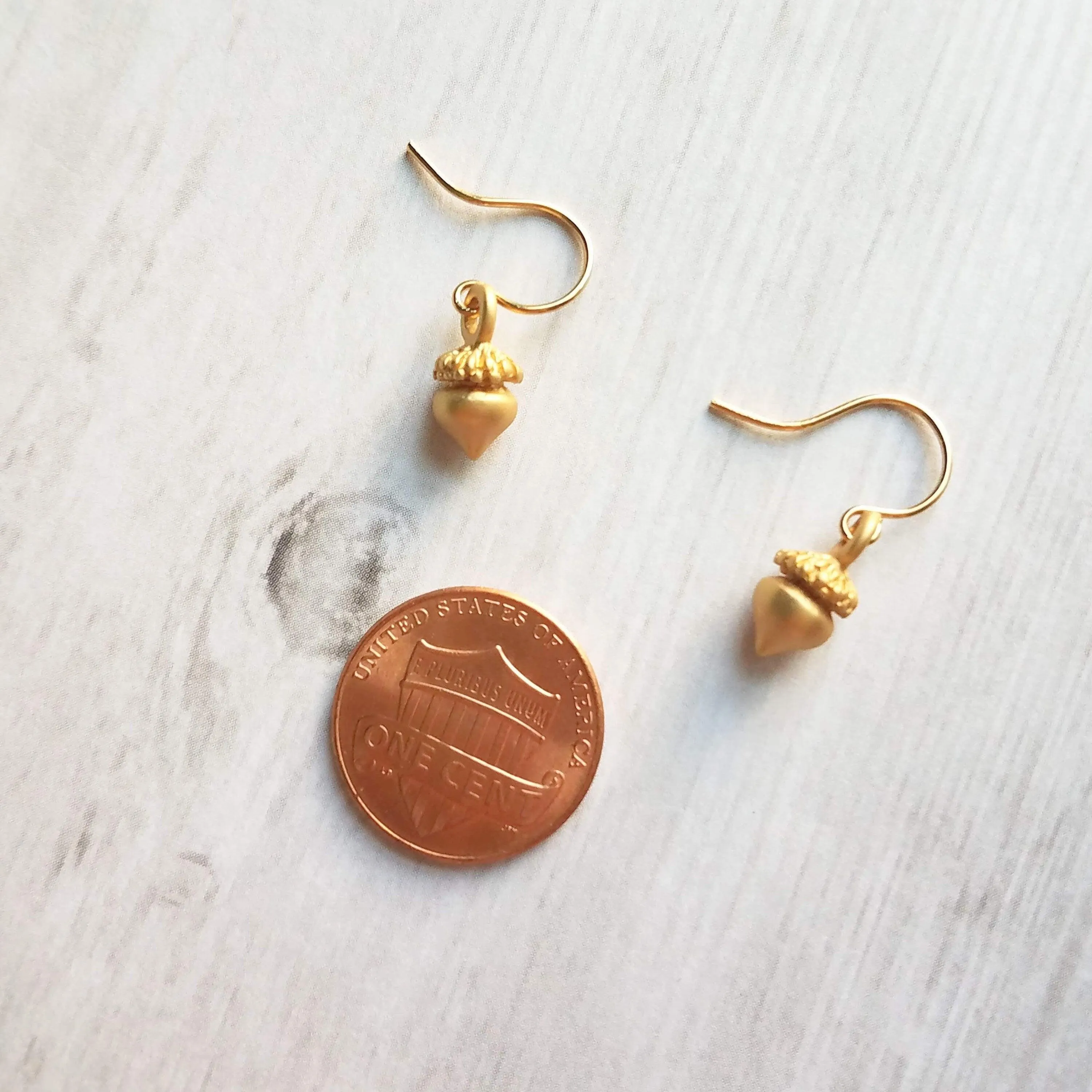 Golden Acorn Earrings, little acorns, shiny/matte gold, autumn earring, fall earring, squirrel earring, small acorns, lightweight dangle