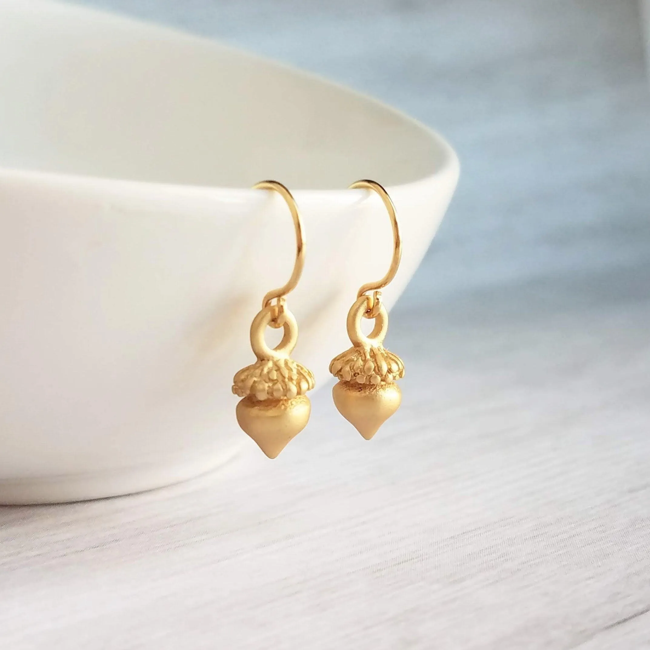 Golden Acorn Earrings, little acorns, shiny/matte gold, autumn earring, fall earring, squirrel earring, small acorns, lightweight dangle