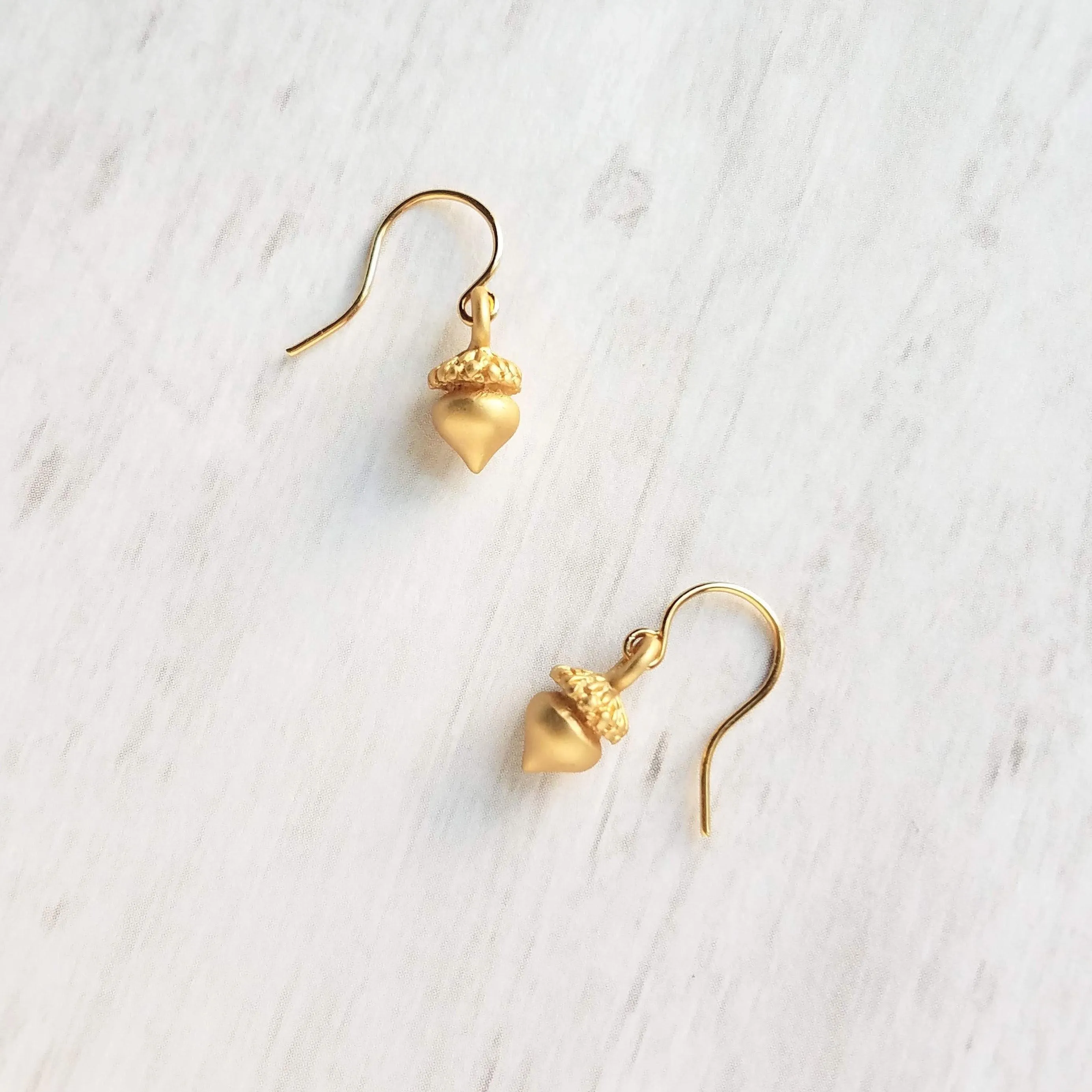Golden Acorn Earrings, little acorns, shiny/matte gold, autumn earring, fall earring, squirrel earring, small acorns, lightweight dangle