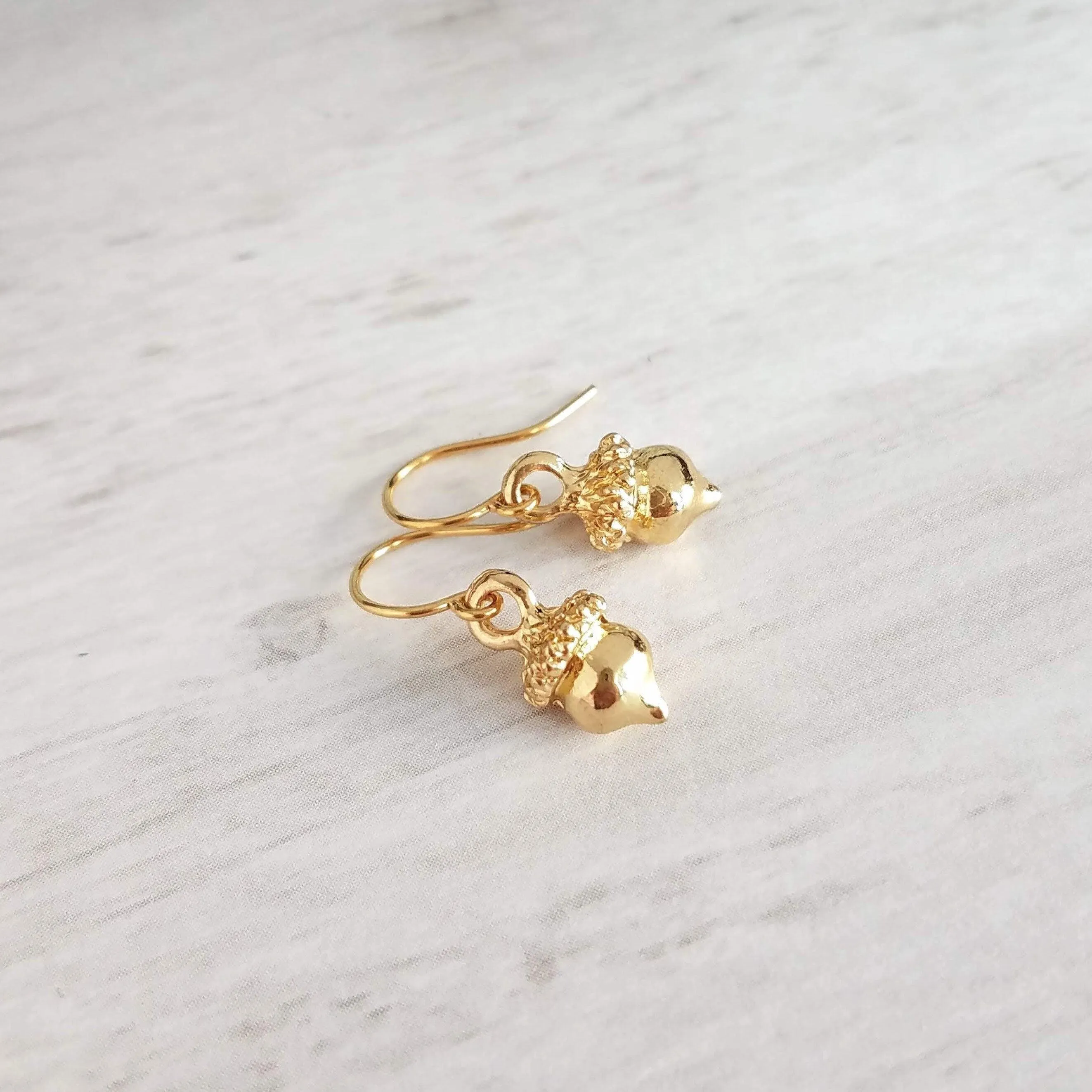 Golden Acorn Earrings, little acorns, shiny/matte gold, autumn earring, fall earring, squirrel earring, small acorns, lightweight dangle
