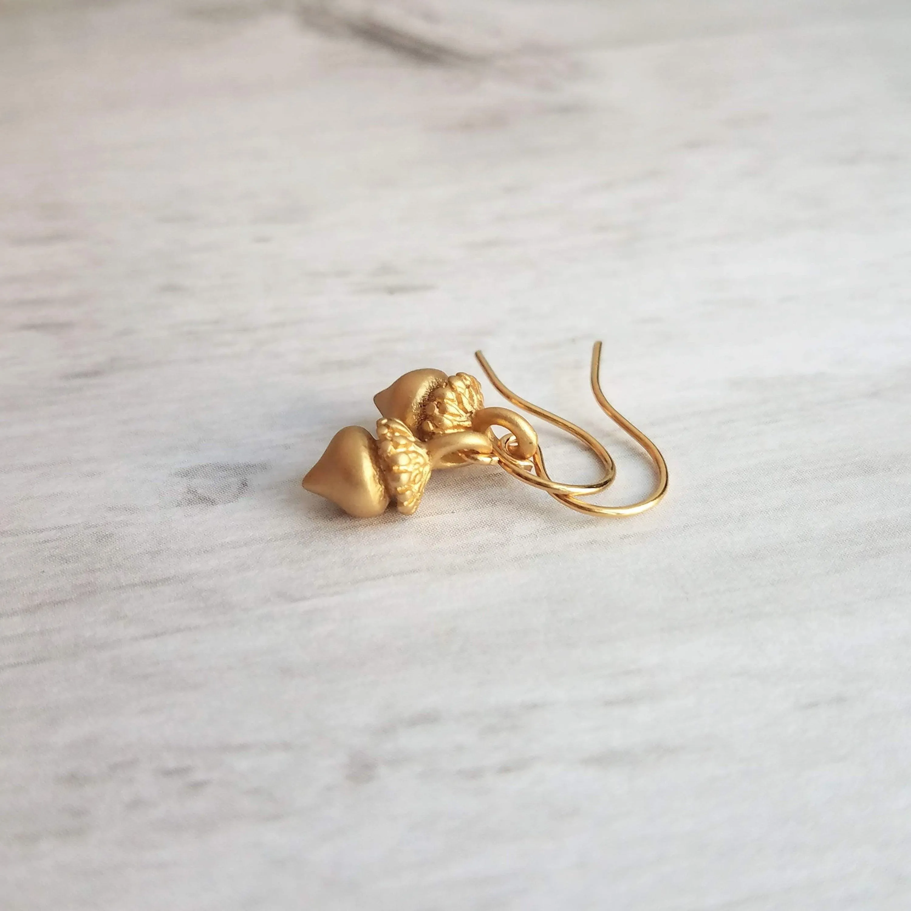 Golden Acorn Earrings, little acorns, shiny/matte gold, autumn earring, fall earring, squirrel earring, small acorns, lightweight dangle