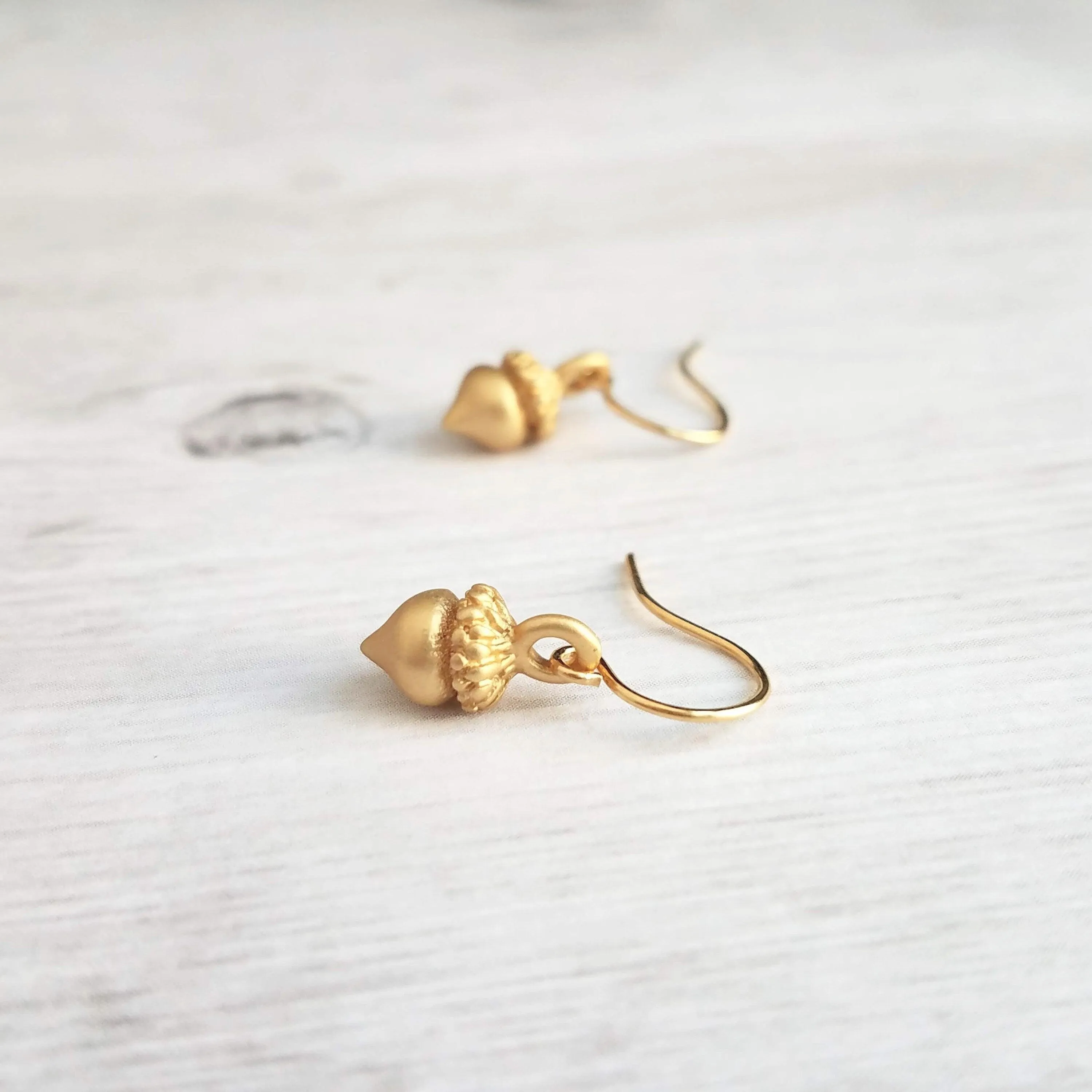 Golden Acorn Earrings, little acorns, shiny/matte gold, autumn earring, fall earring, squirrel earring, small acorns, lightweight dangle