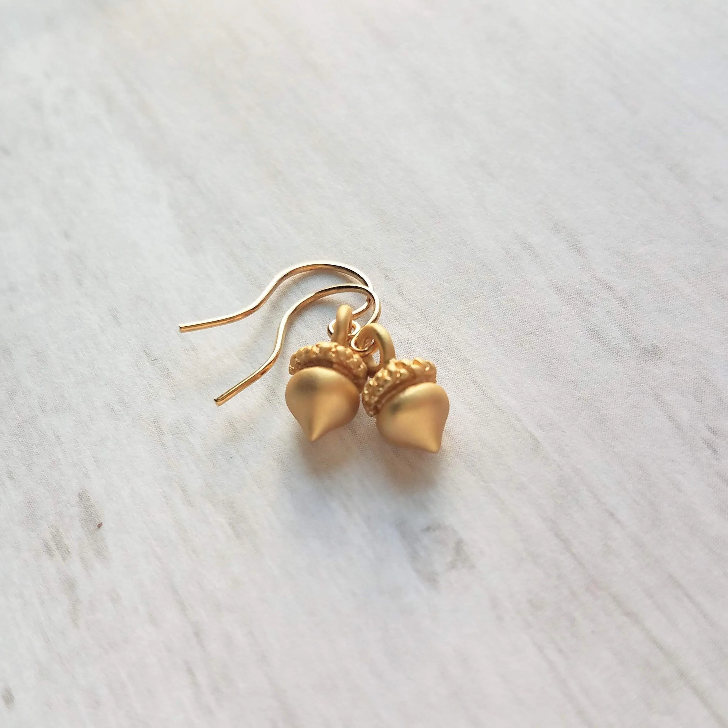 Golden Acorn Earrings, little acorns, shiny/matte gold, autumn earring, fall earring, squirrel earring, small acorns, lightweight dangle