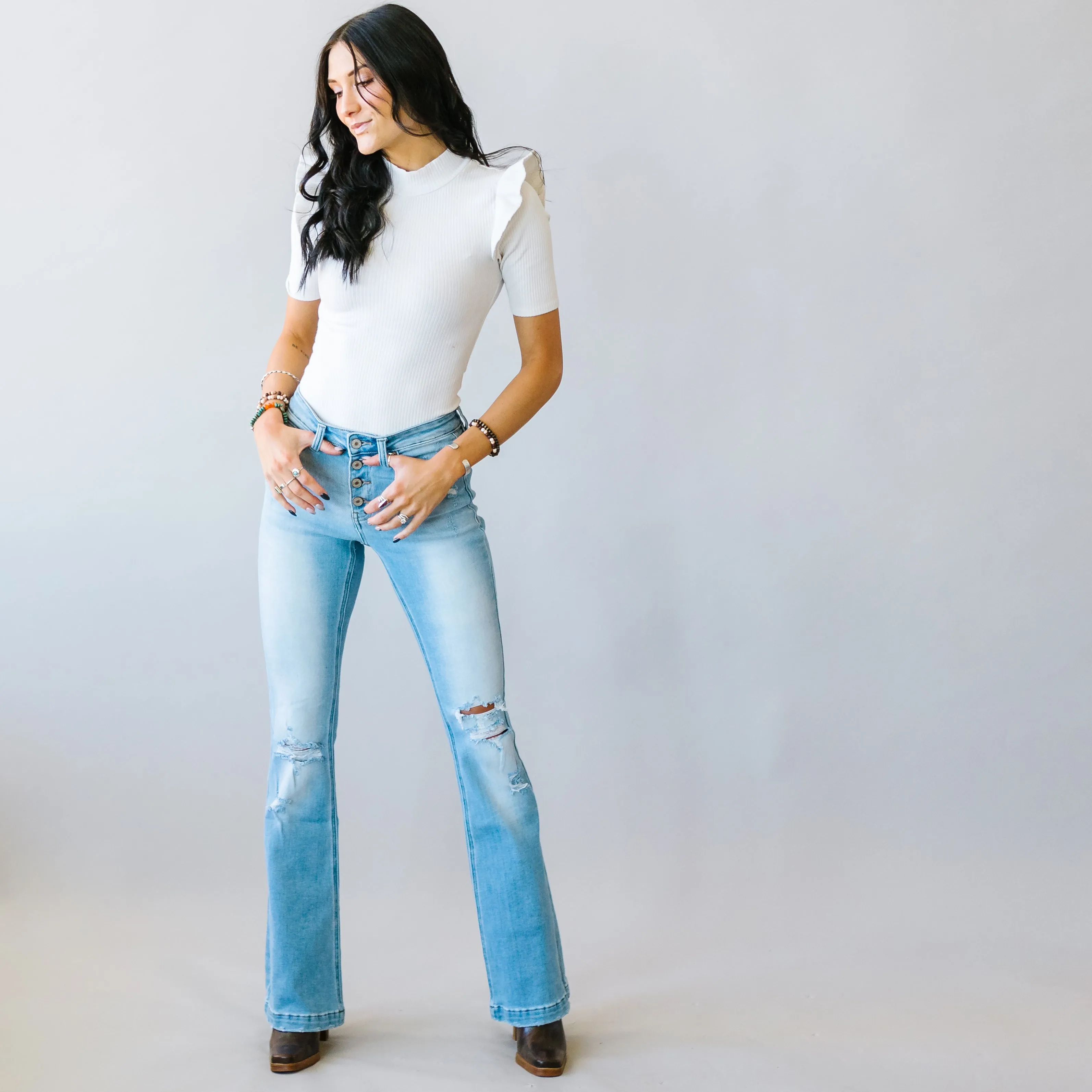 Gonna Be a Good Day Mid Rise Flares by Kancan // Medium Wash