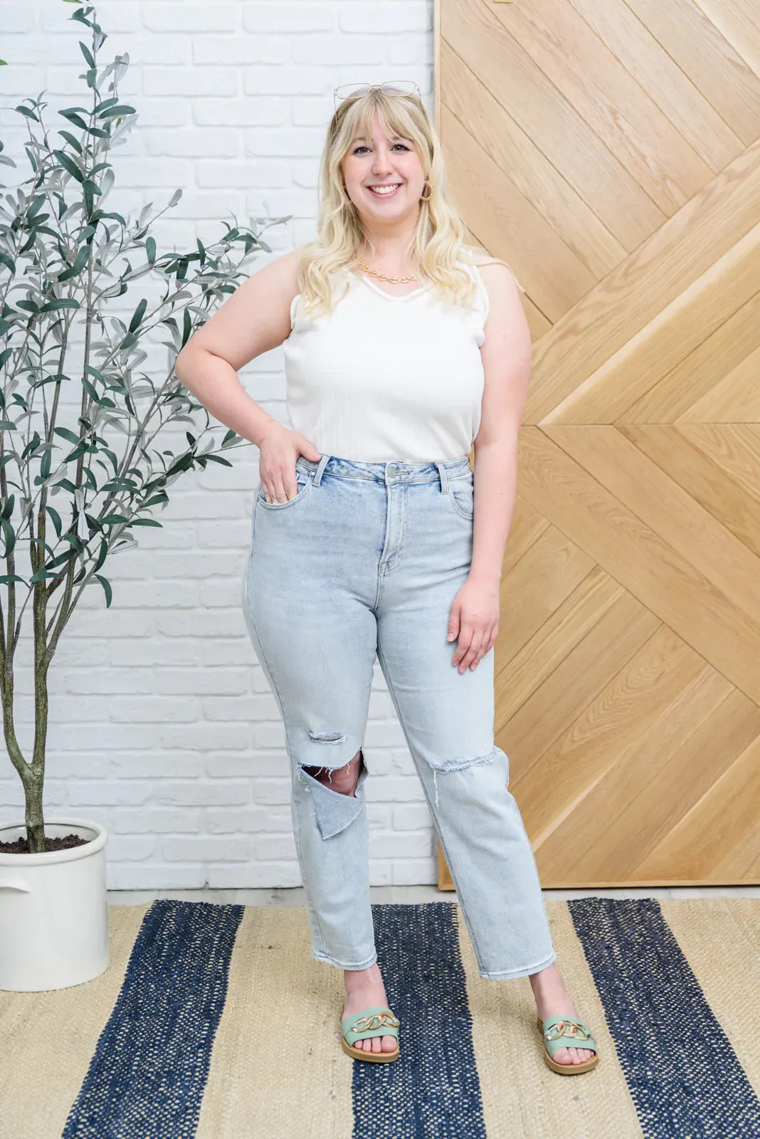 Good Karma Light Wash Distressed Risen Jeans - PREORDER